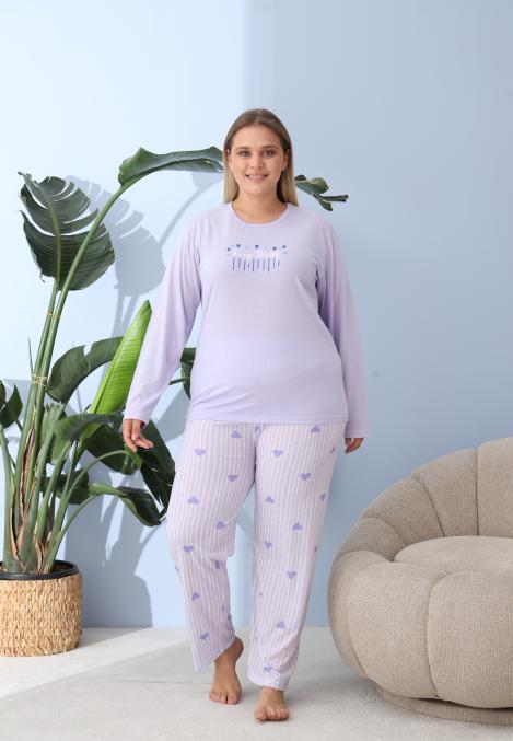 Pijama Dama ,Big Size ,''Keep Thing " cu Pantloni si Maneca lunga, Culoare Lila,Engros